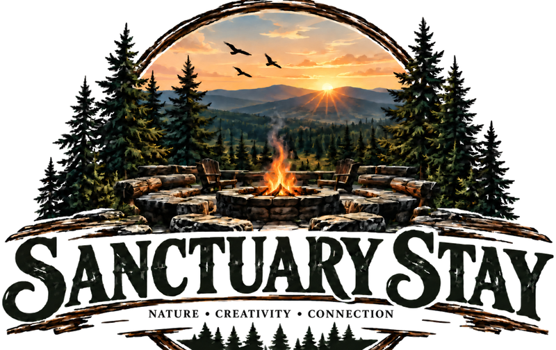Sanctuary Stay logo: a stone fire circle among pine trees at sunset. Nature, Creativity, Connection.